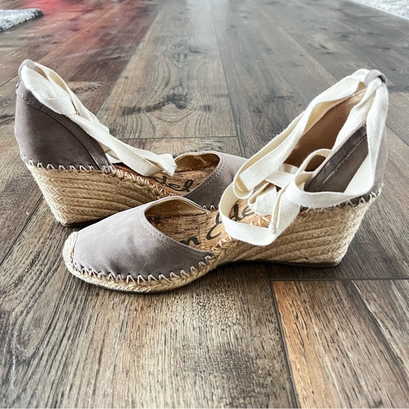 Sam Edelman Patsy Espadrille Woven Wedge Suede Ankle Wraparound Taupe Size 9 - Picture 4 of 9